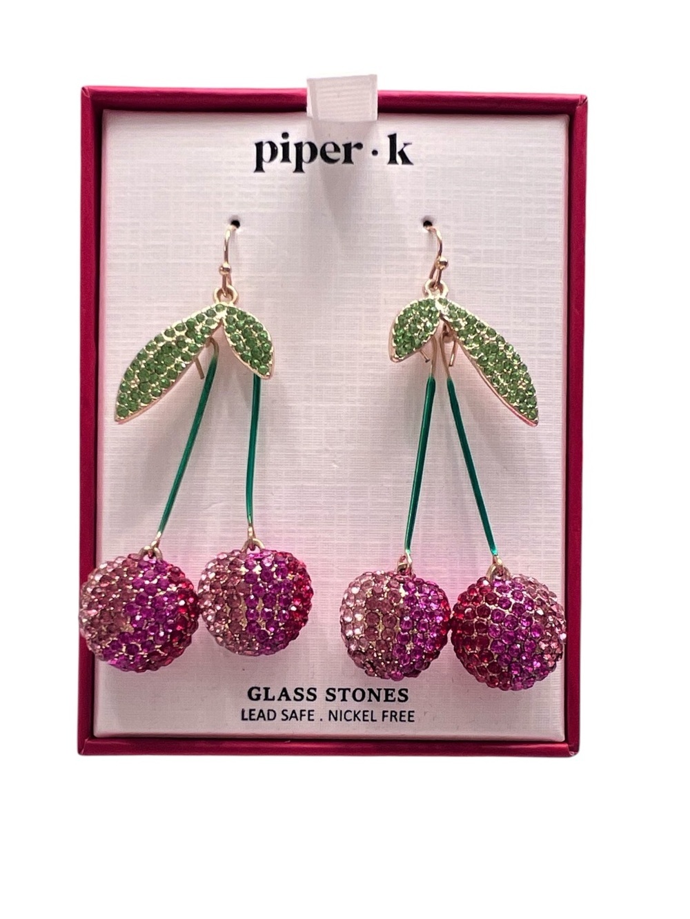 Piper K Sparkling Crystal Pink Cherry Drop Earrings with Green Leaves NEW